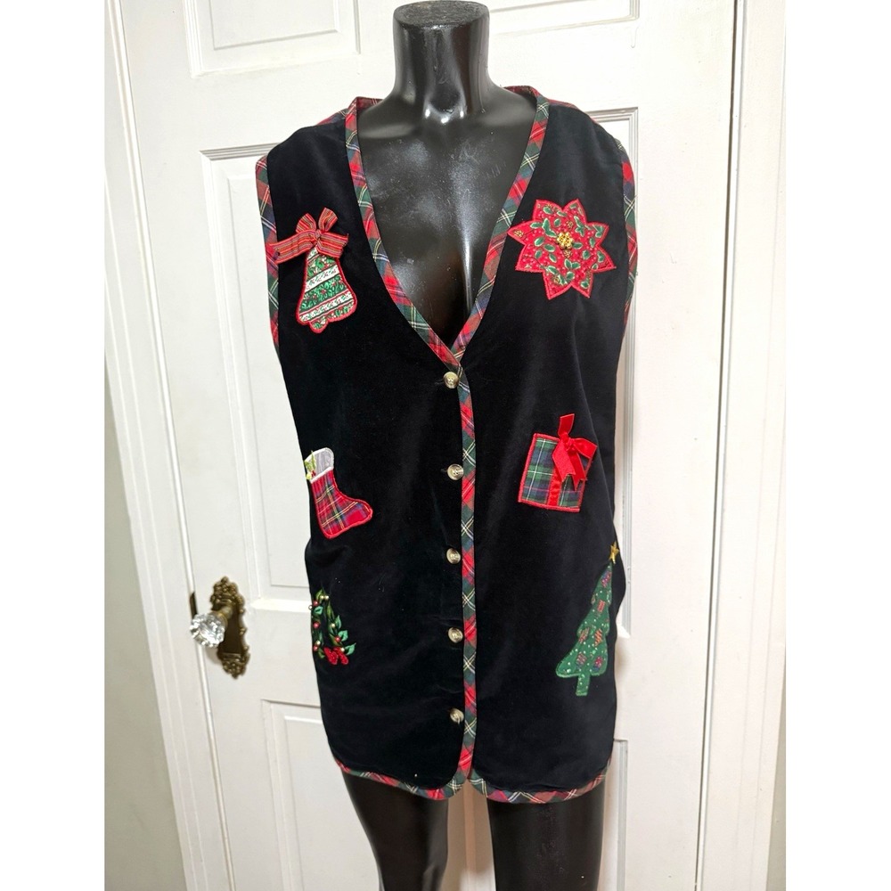 Vintage Victoria Jones Womens Plus 40/20W Velvet Plaid Vest Christmas